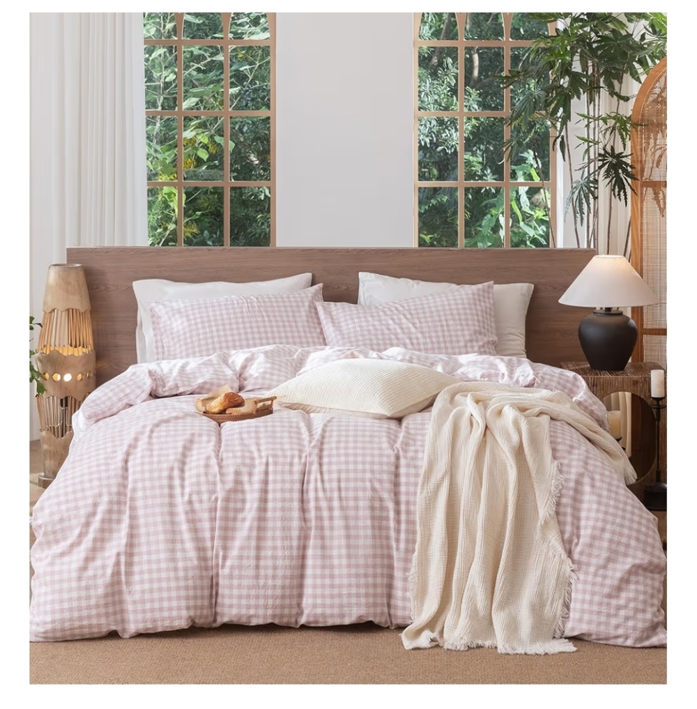 MooMee Gingham Duvet Cover Set 100% Washed Cotton Linen Like Textured Breathable